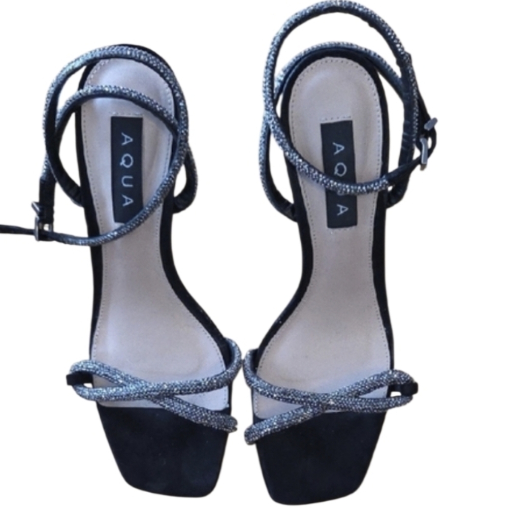 Aqua Black Suede Strappy Heeled Sandals with Sparkle Straps Ankle Wrap Closure